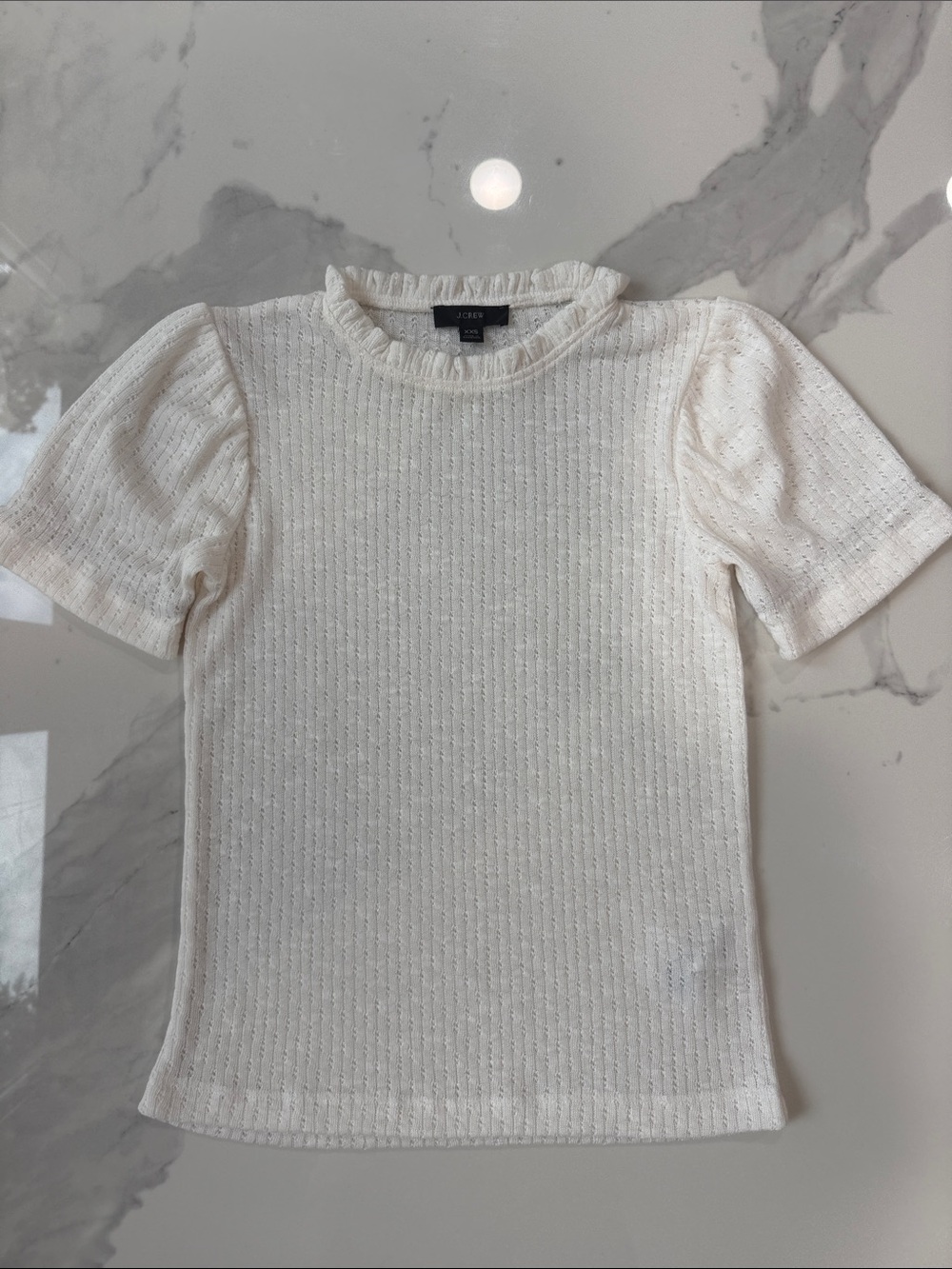 J. Crew Cream Short Sleeve Ruffle-Trim Knit Top